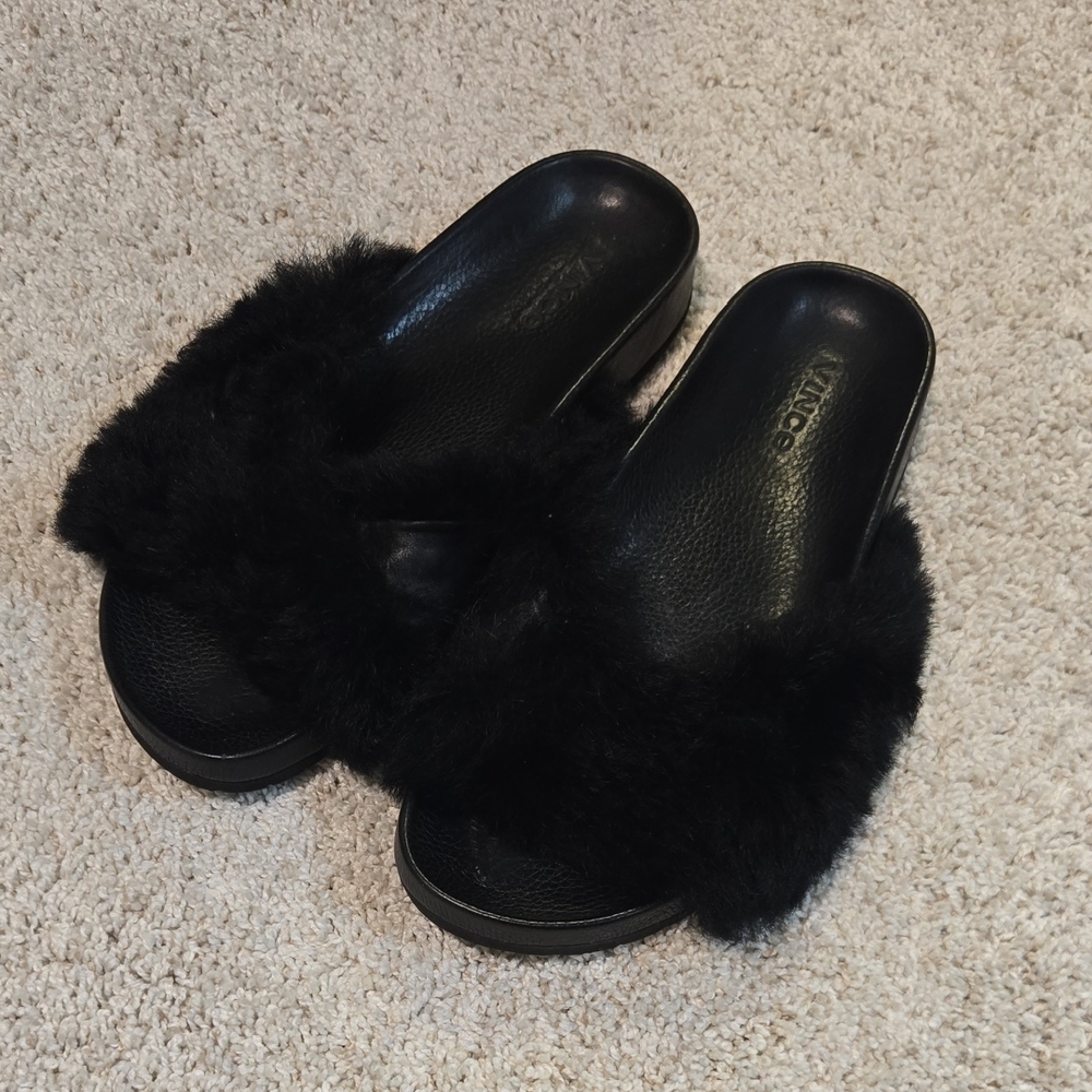 Vince‎ Black Fuzzy Slide Sandals